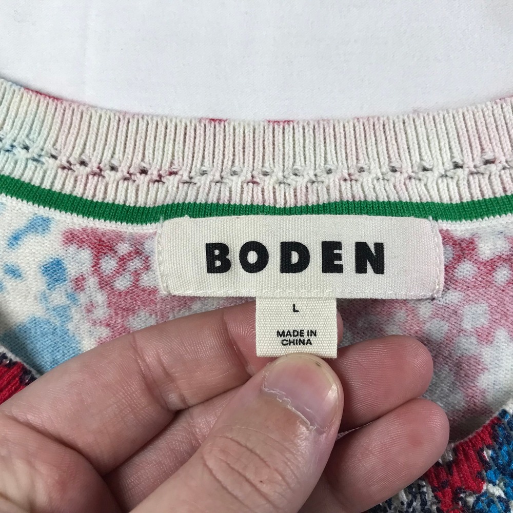 Boden Womens Floral Union Jack Crewneck Sweater Red Blue White Cotton Blend L - Picture 4 of 6